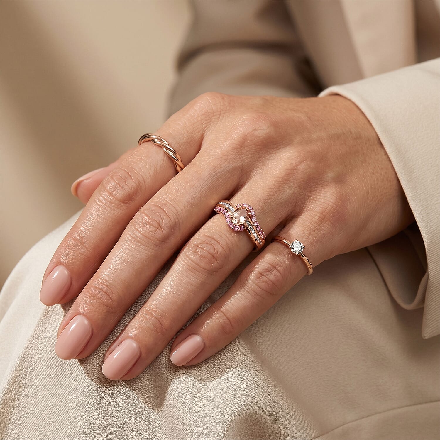 D'Joy Premium Blush Tourmaline and Multi Gemstone 1.00 ctw Blush Wave Statement Ring in 18K Vermeil Rose Gold Over Sterling Silver (Size 9.0)