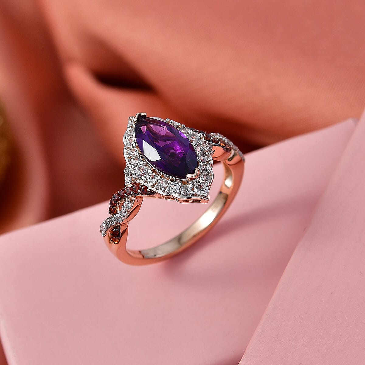 D'Joy Premium Lusaka Amethyst and White and Brown Zircon 2.50 ctw Marquise Bloom Ring in 18K Vermeil Rose Gold Over Sterling Silver (Size 10.0) image number 1