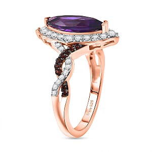 D'Joy Premium Lusaka Amethyst and White and Brown Zircon 2.50 ctw Marquise Bloom Ring in 18K Vermeil Rose Gold Over Sterling Silver (Size 10.0)