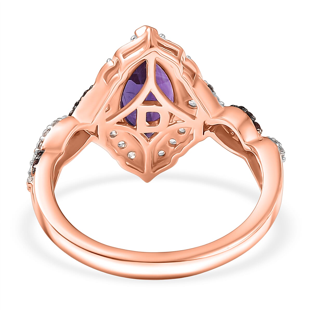D'Joy Premium Lusaka Amethyst and White and Brown Zircon 2.50 ctw Marquise Bloom Ring in 18K Vermeil Rose Gold Over Sterling Silver (Size 10.0) image number 4