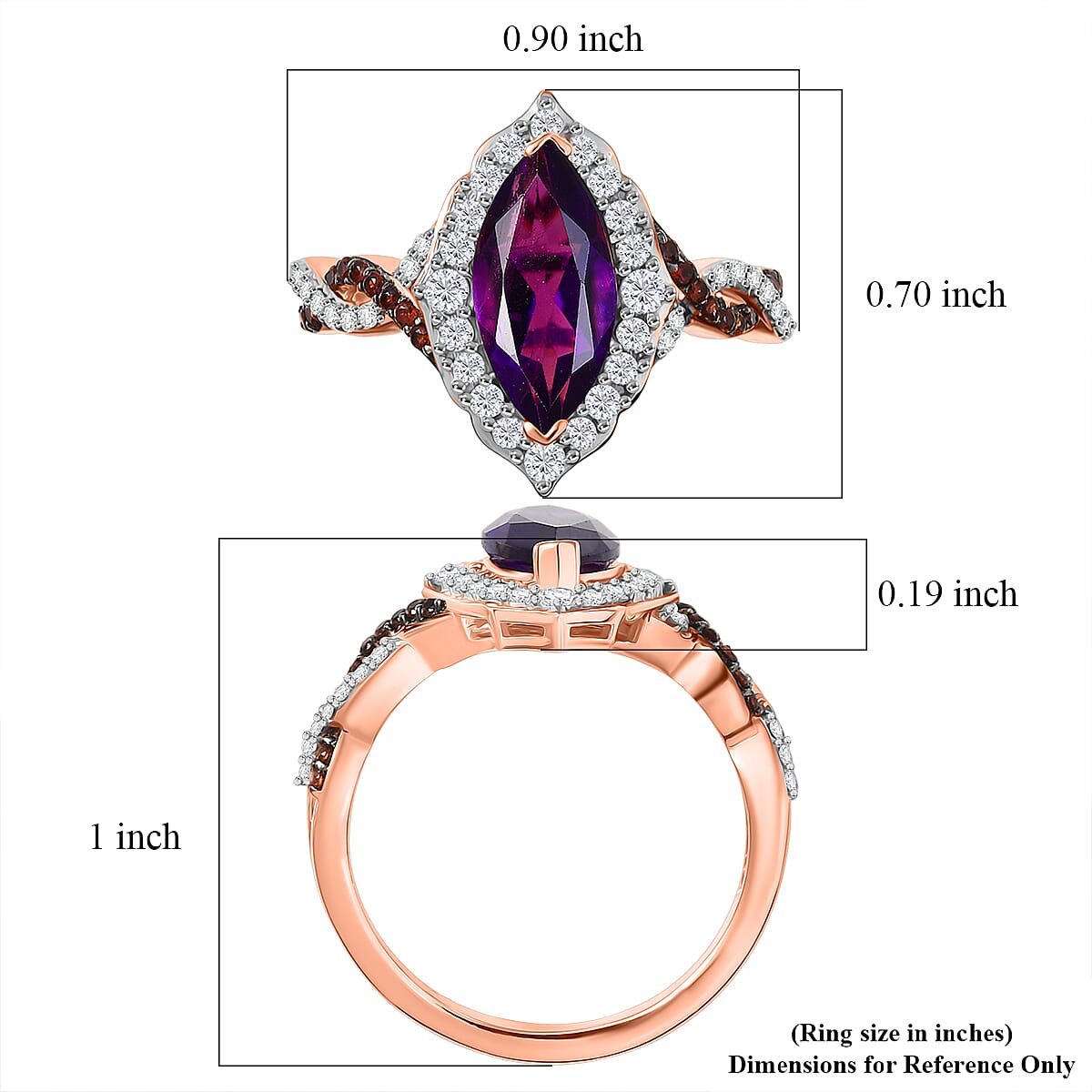 D'Joy Premium Lusaka Amethyst and White and Brown Zircon 2.50 ctw Marquise Bloom Ring in 18K Vermeil Rose Gold Over Sterling Silver (Size 10.0) image number 5