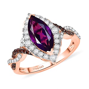 D'Joy Premium Lusaka Amethyst and White and Brown Zircon 2.50 ctw Marquise Bloom Ring in 18K Vermeil Rose Gold Over Sterling Silver (Size 6.0)