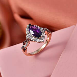 D'Joy Premium Lusaka Amethyst and White and Brown Zircon 2.50 ctw Marquise Bloom Ring in 18K Vermeil Rose Gold Over Sterling Silver (Size 6.0)