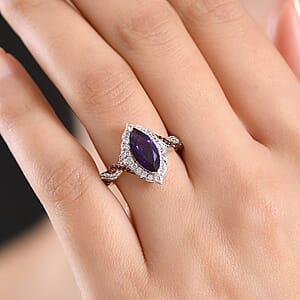 D'Joy Premium Lusaka Amethyst and White and Brown Zircon 2.50 ctw Marquise Bloom Ring in 18K Vermeil Rose Gold Over Sterling Silver (Size 6.0)