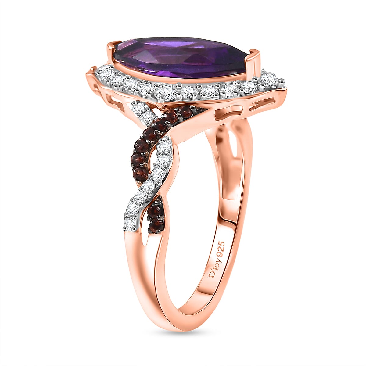 D'Joy Premium Lusaka Amethyst and White and Brown Zircon 2.50 ctw Marquise Bloom Ring in 18K Vermeil Rose Gold Over Sterling Silver (Size 6.0) image number 3