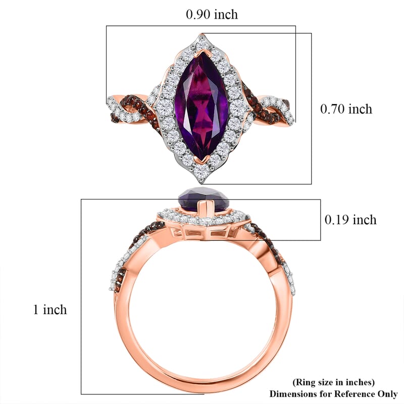 D'Joy Premium Lusaka Amethyst, White and Brown Zircon 2.50 ctw Marquise Bloom Ring in 18K Vermeil Rose Gold Over Sterling Silver (Size 7.0)