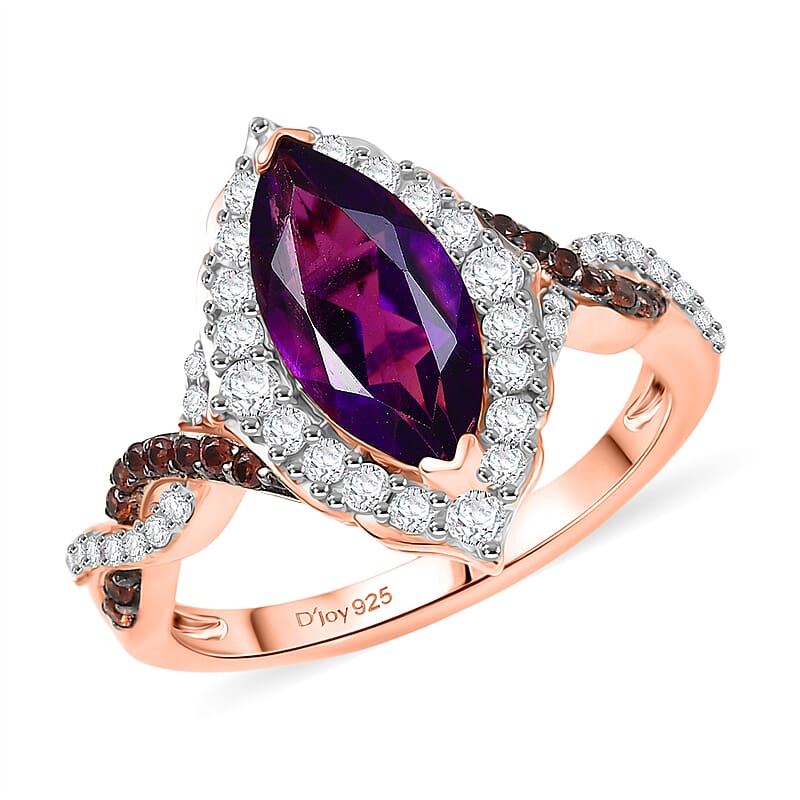 D'Joy Premium Lusaka Amethyst and White and Brown Zircon 2.50 ctw Marquise Bloom Ring in 18K Vermeil Rose Gold Over Sterling Silver (Size 8.0)