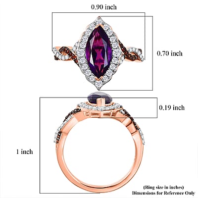 D'Joy Premium Lusaka Amethyst and White and Brown Zircon 2.50 ctw Marquise Bloom Ring in 18K Vermeil Rose Gold Over Sterling Silver (Size 8.0)