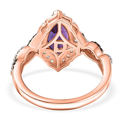 D'Joy Premium Lusaka Amethyst and White and Brown Zircon 2.50 ctw Marquise Bloom Ring in 18K Vermeil Rose Gold Over Sterling Silver (Size 9.0)