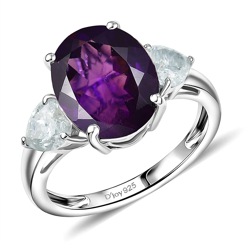 D'Joy Premium Lusaka Amethyst and Moissanite 5.15 ctw Heart Accent Ring in Rhodium Over Sterling Silver (Size 10.0)