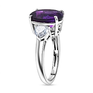 D'Joy Premium Lusaka Amethyst and Moissanite 5.15 ctw Heart Accent Ring in Rhodium Over Sterling Silver (Size 10.0)