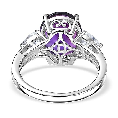 D'Joy Premium Lusaka Amethyst and Moissanite 5.15 ctw Heart Accent Ring in Rhodium Over Sterling Silver (Size 10.0)