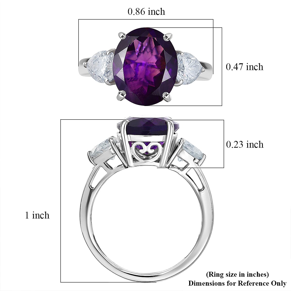 D'Joy Premium Lusaka Amethyst and Moissanite 5.15 ctw Heart Accent Ring in Rhodium Over Sterling Silver (Size 10.0) image number 5