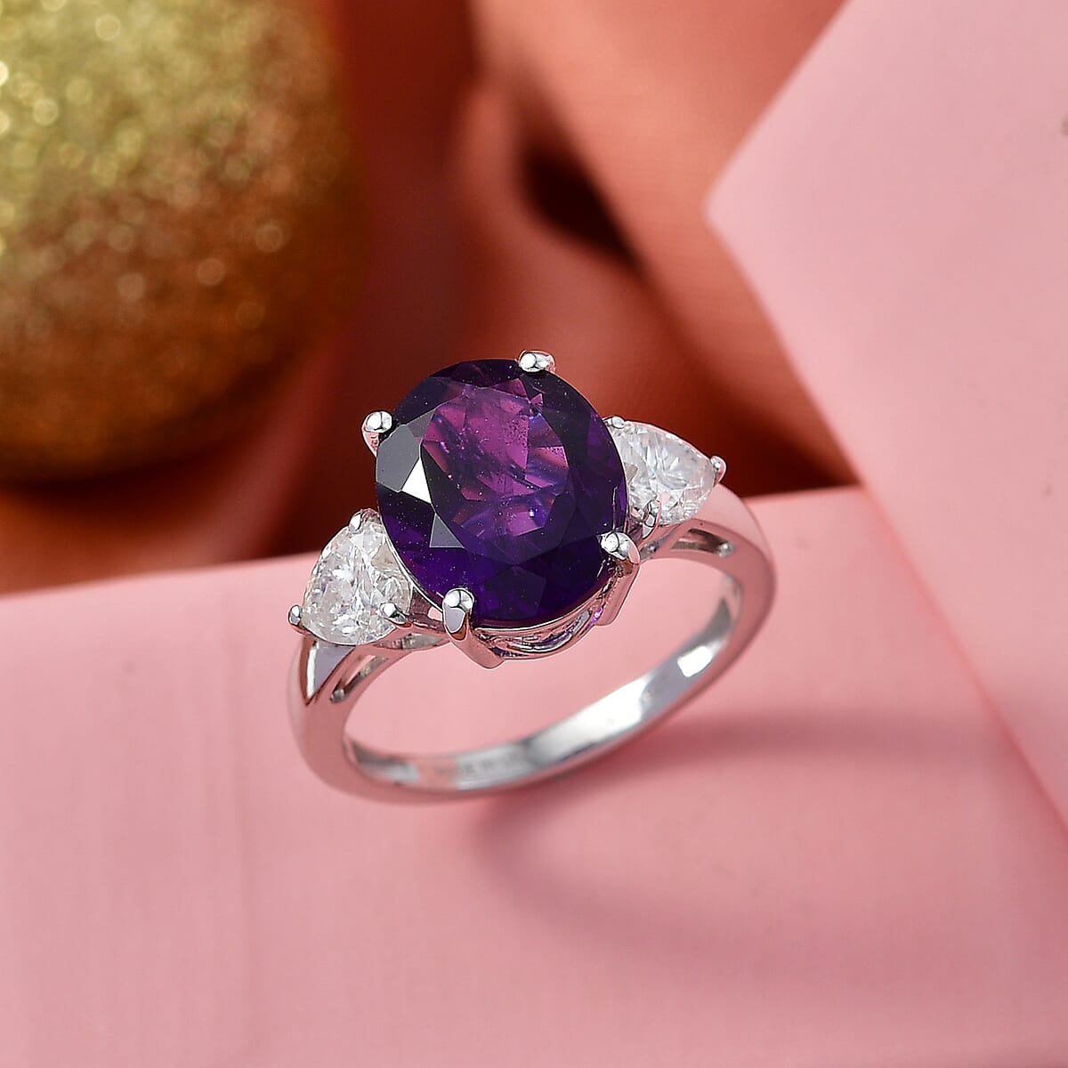 D'Joy Premium Lusaka Amethyst and Moissanite 5.15 ctw Heart Accent Ring in Rhodium Over Sterling Silver (Size 9.0) image number 1