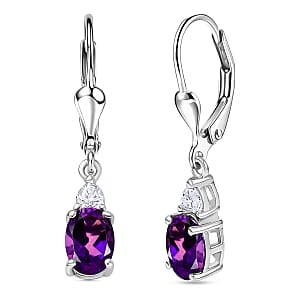 D'Joy Premium Lusaka Amethyst and Moissanite 1.65 ctw Heart Accent Earrings in Rhodium Over Sterling Silver
