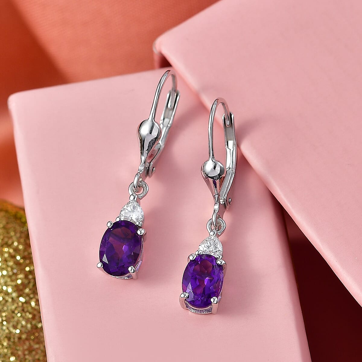 D'Joy Premium Lusaka Amethyst and Moissanite 1.65 ctw Heart Accent Earrings in Rhodium Over Sterling Silver image number 1