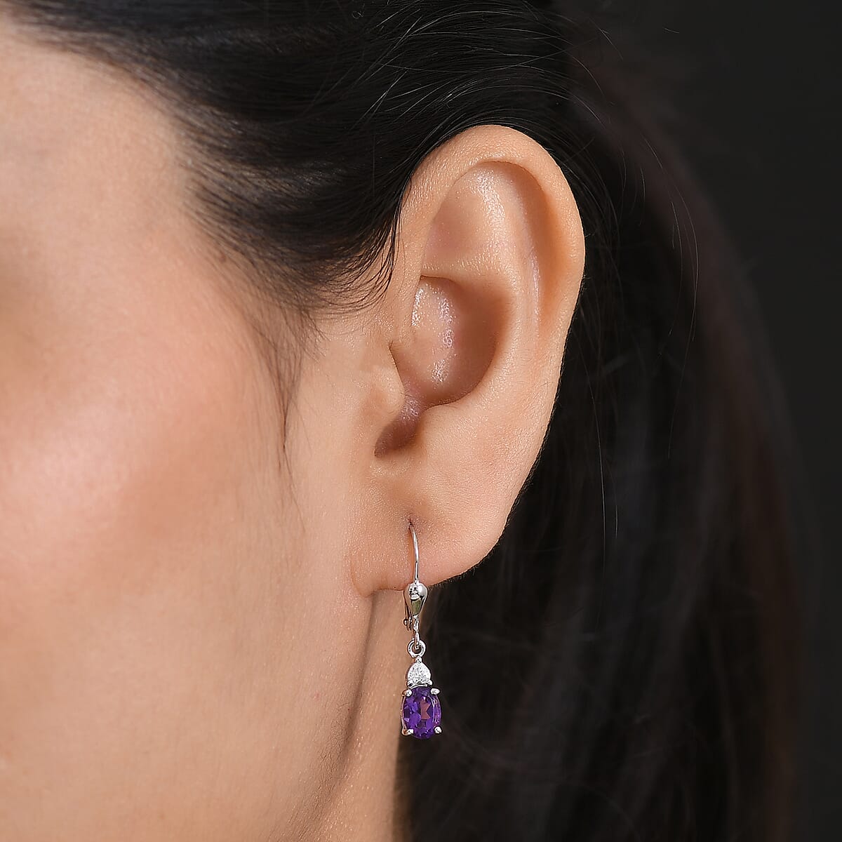 D'Joy Premium Lusaka Amethyst and Moissanite 1.65 ctw Heart Accent Earrings in Rhodium Over Sterling Silver image number 2