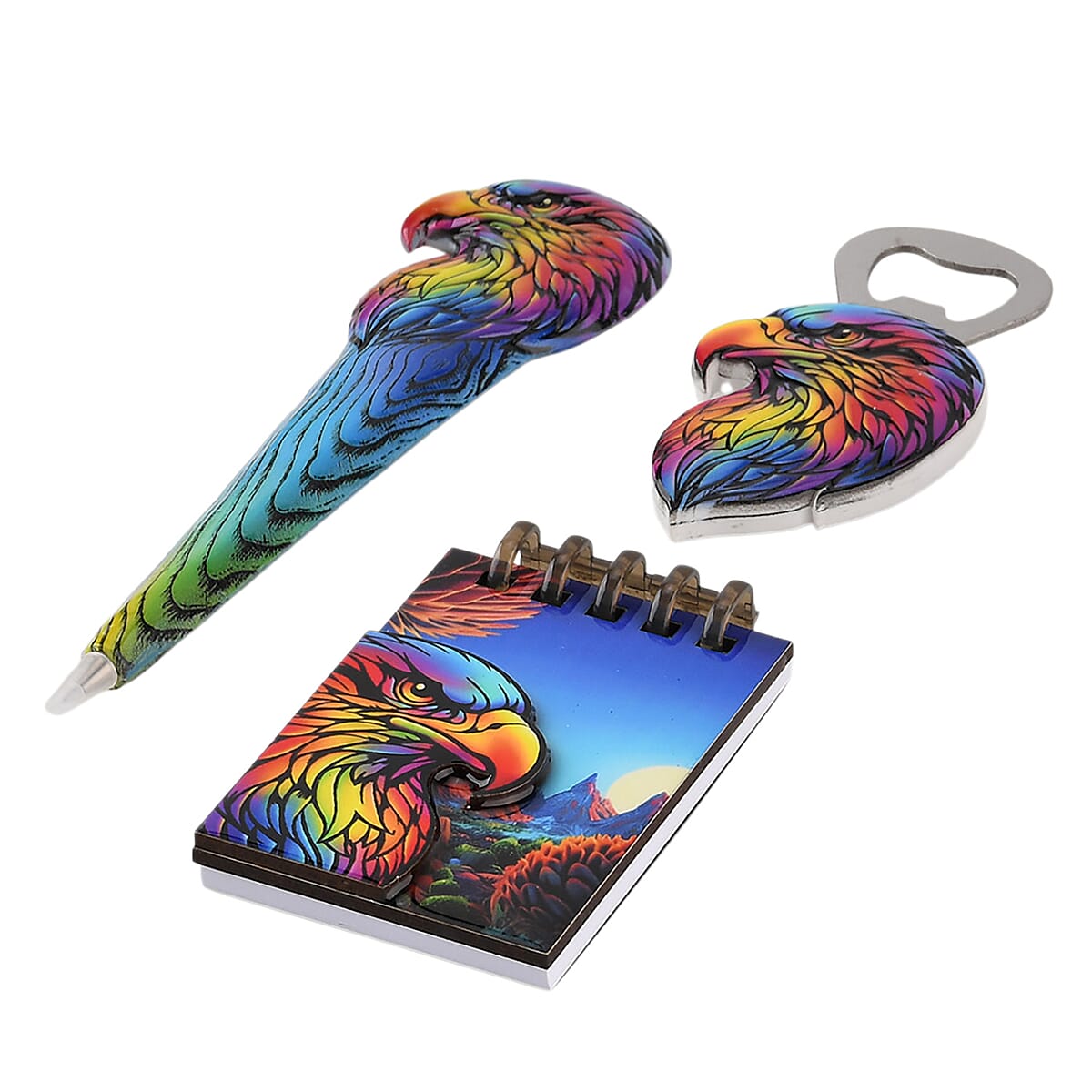 Livmore Blue Eagle Set of 3 Polyresin Pen Gift Set with Magnet Bottle Opener and Notebook image number 1