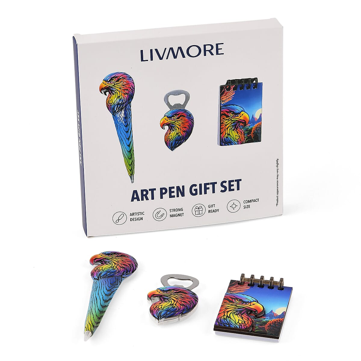 Livmore Blue Eagle Set of 3 Polyresin Pen Gift Set with Magnet Bottle Opener and Notebook image number 8
