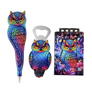Livmore Blue Owl Set of 3 Polyresin Pen Gift Set with Magnet Bottle Opener and Notebook