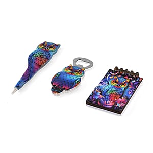 Livmore Blue Owl Set of 3 Polyresin Pen Gift Set with Magnet Bottle Opener and Notebook