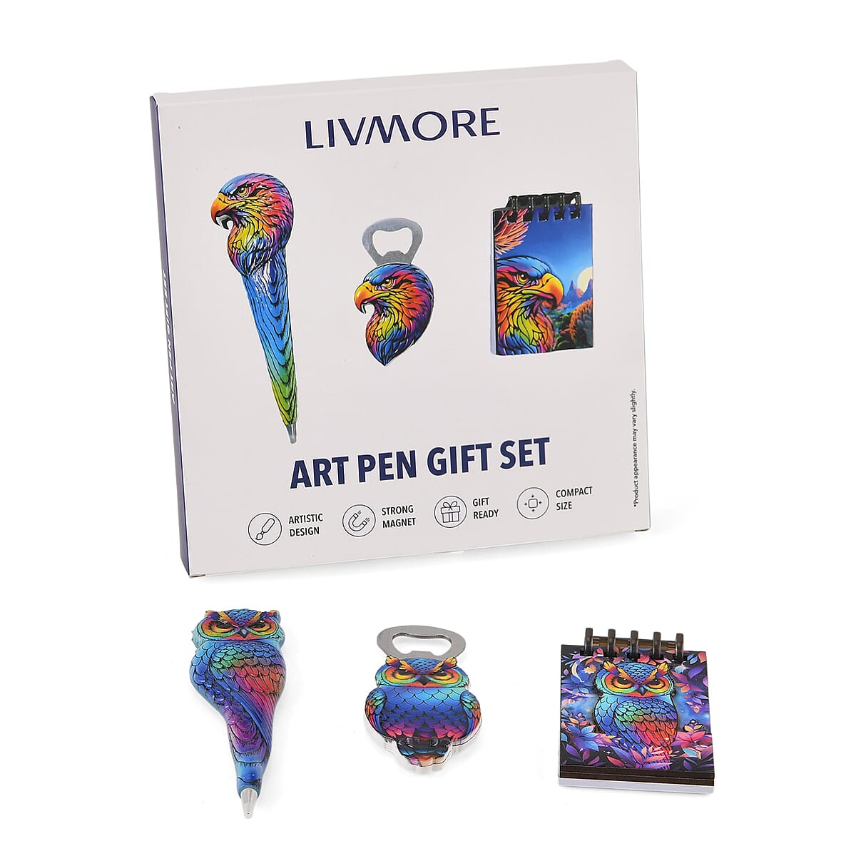 Livmore Blue Owl Set of 3 Polyresin Pen Gift Set with Magnet Bottle Opener and Notebook image number 8