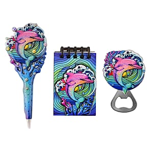 Livmore Blue Dolphin Set of 3 Polyresin Pen Gift Set with Magnet Bottle Opener and Notebook