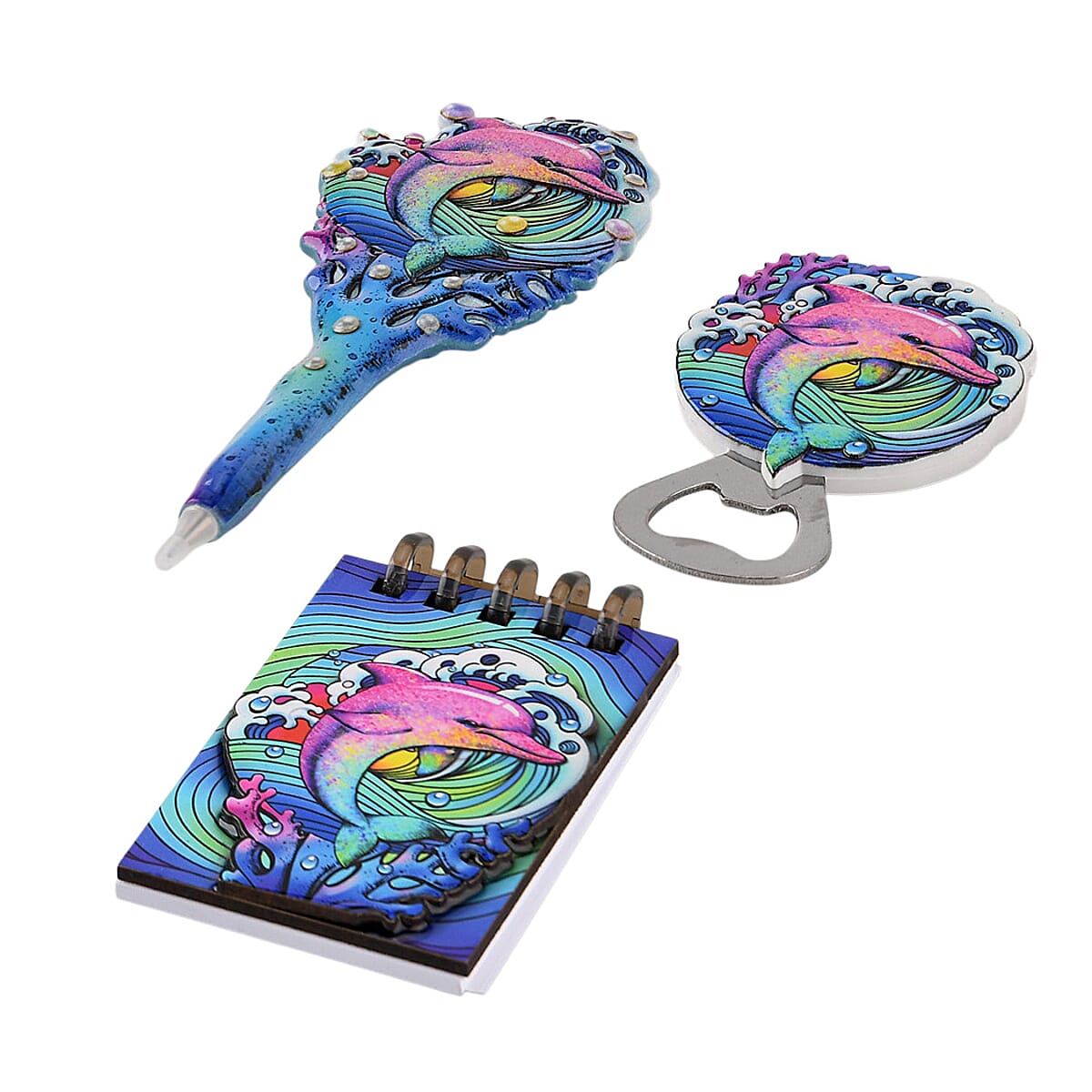 Livmore Blue Dolphin Set of 3 Polyresin Pen Gift Set with Magnet Bottle Opener and Notebook image number 1