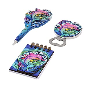 Livmore Blue Dolphin Set of 3 Polyresin Pen Gift Set with Magnet Bottle Opener and Notebook