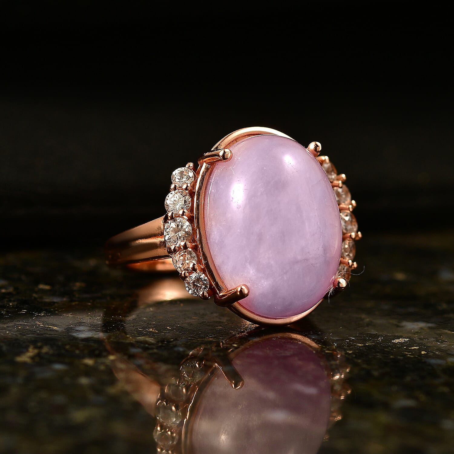 EverTrue Kunzite , White Zircon Main Stone With Side Stone Ring in 18K RG Plated 12.02 ctw (Size 6) 12.02 ctw