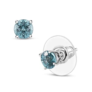D'Joy Cambodian Blue Zircon 2.10 ctw Solitaire Stud Earrings in Rhodium Over Sterling Silver