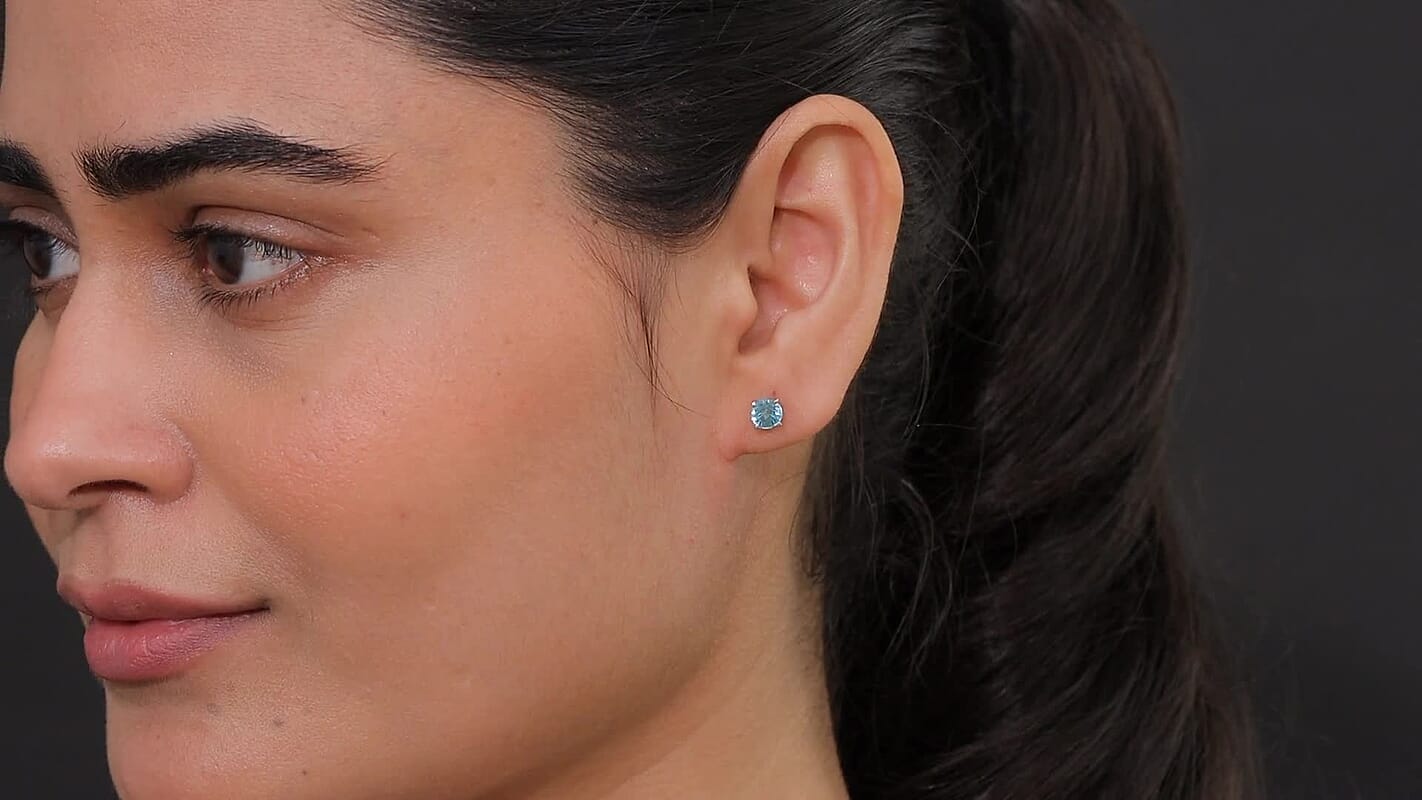 D'Joy Cambodian Blue Zircon 2.10 ctw Solitaire Stud Earrings in Rhodium Over Sterling Silver