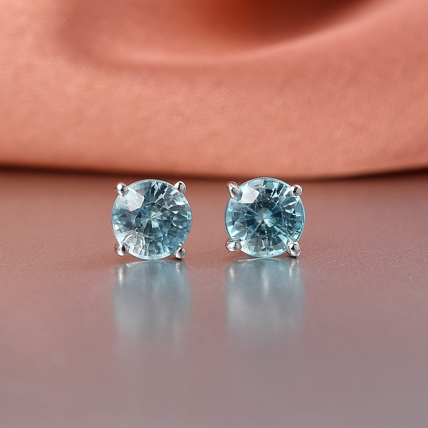 D'Joy Cambodian Blue Zircon 2.10 ctw Solitaire Stud Earrings in Rhodium Over Sterling Silver