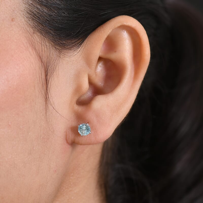 D'Joy Cambodian Blue Zircon 2.10 ctw Solitaire Stud Earrings in Rhodium Over Sterling Silver