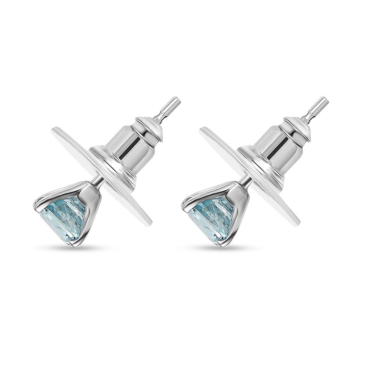 D'Joy Cambodian Blue Zircon 2.10 ctw Solitaire Stud Earrings in Rhodium Over Sterling Silver image number 3