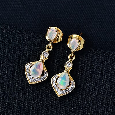 D'Joy Premium Ethiopian Welo Opal and White Zircon 0.85 ctw Earrings in Sterling Silver
