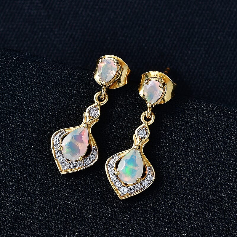 D'Joy Premium Ethiopian Welo Opal and White Zircon 0.85 ctw Earrings in Sterling Silver