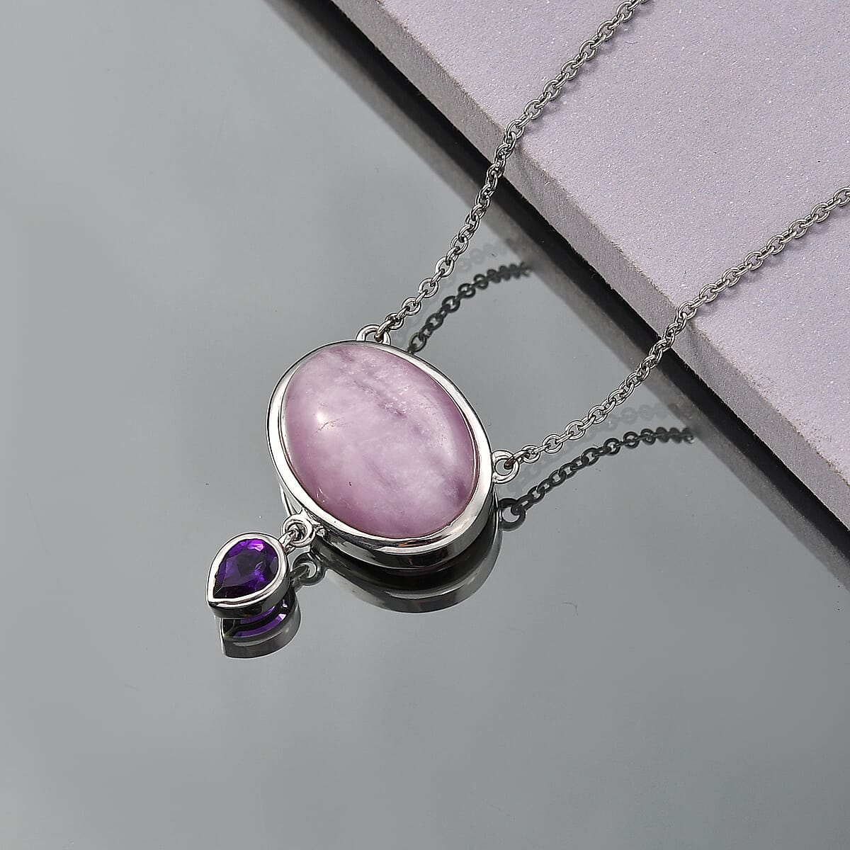 EverTrue Kunzite and African Amethyst 23.10 ctw Necklace (18-20 Inches) in Platinum Bond image number 1