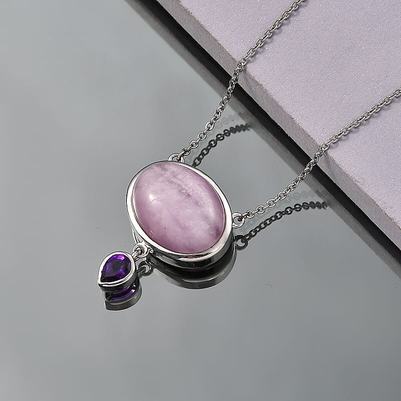 EverTrue Kunzite and African Amethyst 23.10 ctw Celestial Aura Necklace (18-20 Inches) in Platinum Bond