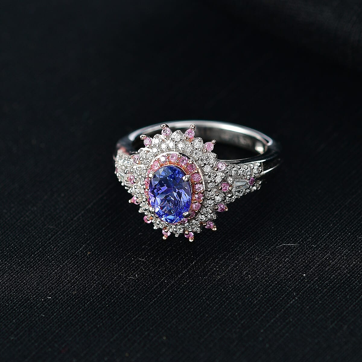 D'Joy Premium Tanzanite and Multi Gemstone 1.40 ctw Floral Bloom Ring in Rhodium Over Sterling Silver (Size 10.0) image number 1