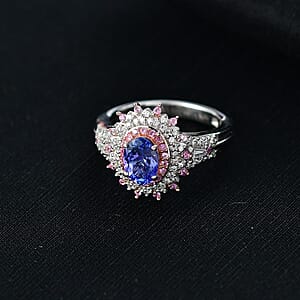 D'Joy Premium Tanzanite and Multi Gemstone 1.40 ctw Floral Bloom Ring in Rhodium Over Sterling Silver (Size 10.0)