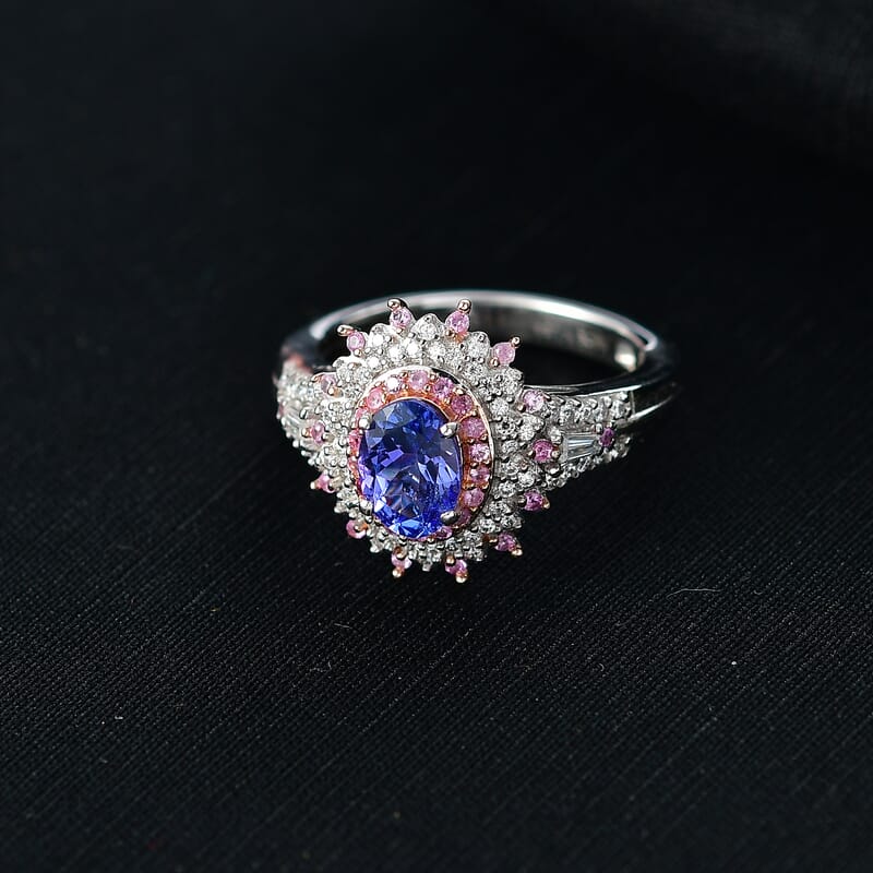 D'Joy Premium Tanzanite and Multi Gemstone 1.40 ctw Floral Bloom Ring in Rhodium Over Sterling Silver (Size  10.0)