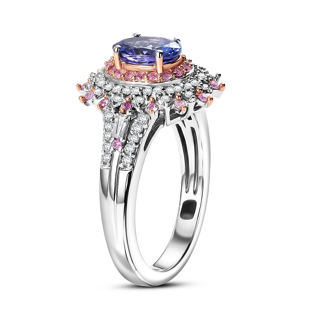 D'Joy Premium Tanzanite and Multi Gemstone 1.40 ctw Floral Bloom Ring in Rhodium Over Sterling Silver (Size 10.0) image number 3