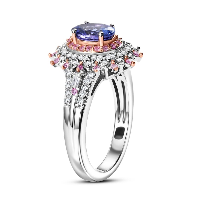 D'Joy Premium Tanzanite and Multi Gemstone 1.40 ctw Floral Bloom Ring in Rhodium Over Sterling Silver (Size  10.0)