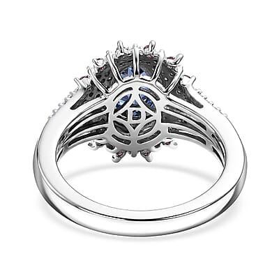 D'Joy Premium Tanzanite and Multi Gemstone 1.40 ctw Floral Bloom Ring in Rhodium Over Sterling Silver (Size  10.0)