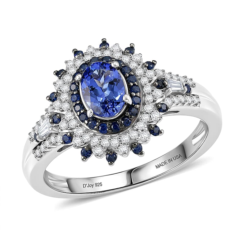 D'Joy Premium Peacock Tanzanite and Multi Gemstone 1.35 ctw Floral Bloom Ring in Rhodium Over Sterling Silver (Size  10.0)