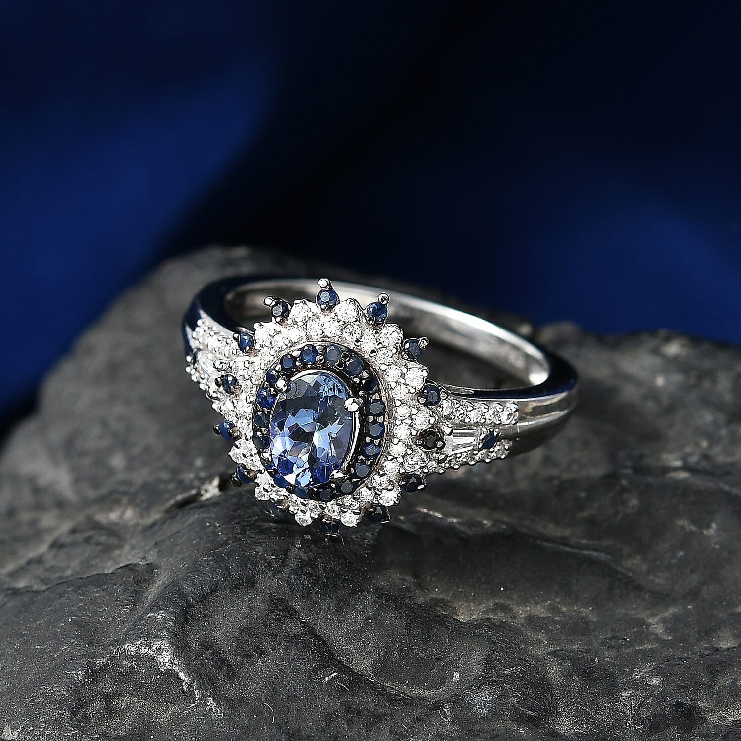 D'Joy Premium Peacock Tanzanite and Multi Gemstone 1.35 ctw Floral Bloom Ring in Rhodium Over Sterling Silver (Size  10.0)