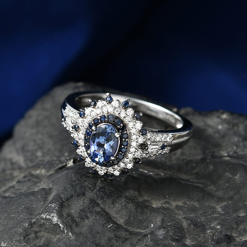 D'Joy Premium Peacock Tanzanite and Multi Gemstone 1.35 ctw Floral Bloom Ring in Rhodium Over Sterling Silver (Size  10.0)