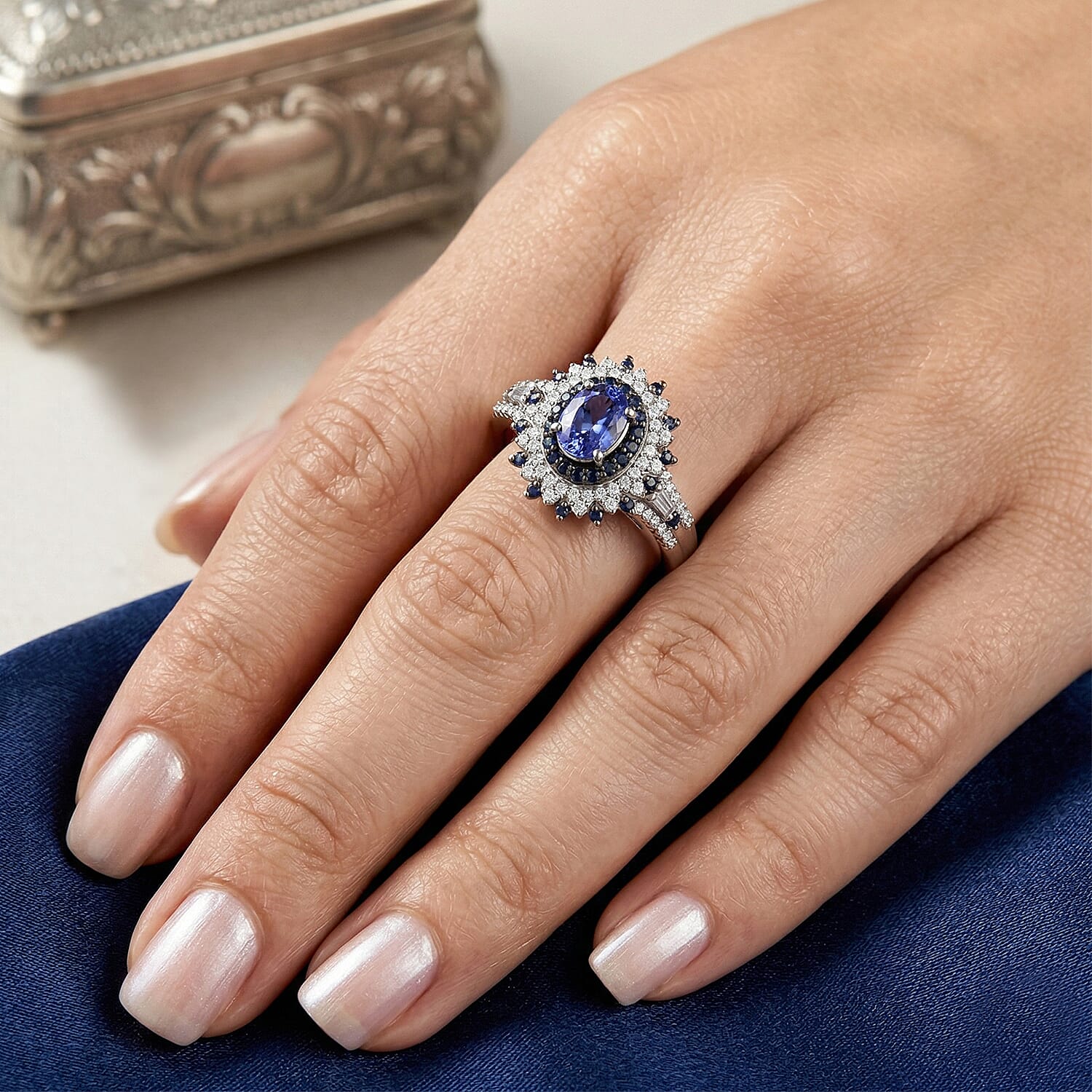D'Joy Premium Peacock Tanzanite and Multi Gemstone 1.35 ctw Floral Bloom Ring in Rhodium Over Sterling Silver (Size  10.0)