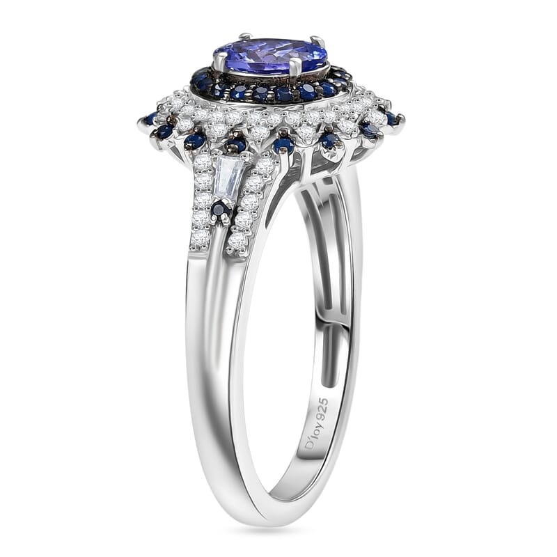 D'Joy Premium Peacock Tanzanite and Multi Gemstone 1.35 ctw Floral Bloom Ring in Rhodium Over Sterling Silver (Size  10.0)